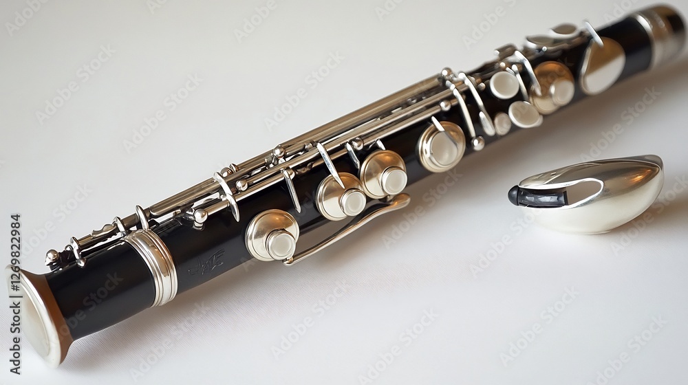 Fototapeta premium Silver clarinet placed diagonally on a white surface with a focus on its keys and mouthpiece