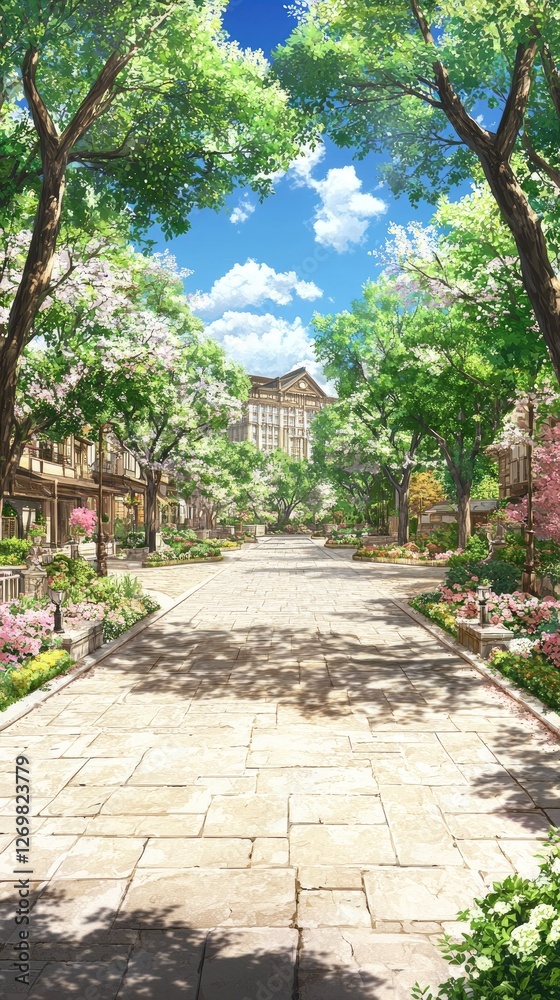 Sunny town street with blossoming trees, perfect for a game background Sunny town street with blossoming trees, perfect for a game background