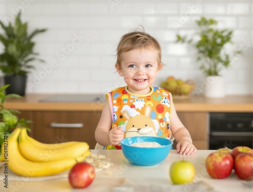 A baby is sitting at a table with a bowl of food in front of him. Children kitchen