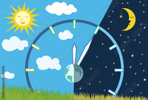 Spring Equinox occurs 20 March. Day becomes longer than night. Clock divided day and night. Sun representing daytime, moon and stars - nighttime, emphasizing balance. Wheel of the Year Illustration.