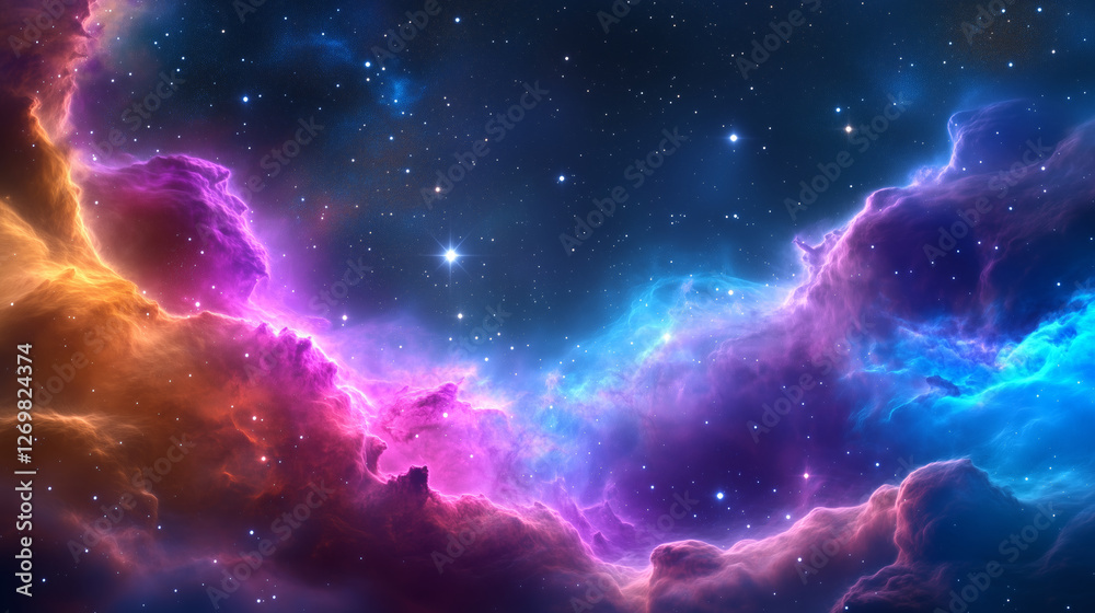 Obraz premium A breathtaking cosmic nebula displays a mix of vibrant colors, including purple, blue, and orange, against a dark starry sky, showcasing the beauty of the universe