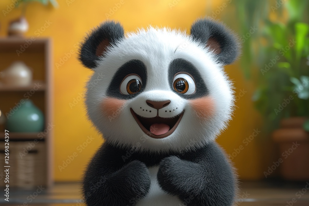 Obraz premium Cute panda character expressing joy in a vibrant indoor setting with plants and decorative items during the day