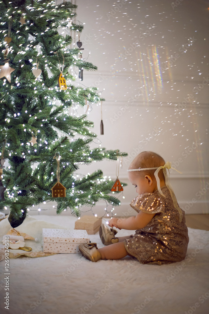One little girl in a shiny dress sits on a white carpet at the Christmas tree at home for 1 year.