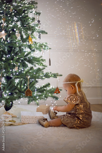 One little girl in a shiny dress sits on a white carpet at the Christmas tree at home for 1 year.
