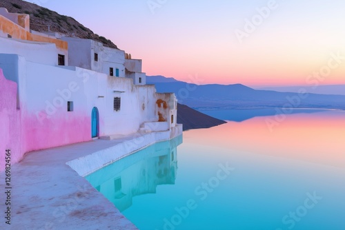 Fototapeta Naklejka Na Ścianę i Meble -  A beautiful blue house with pink walls sits on a beach next to a body of water. The sky is a mix of pink and orange hues, creating a serene and peaceful atmosphere
