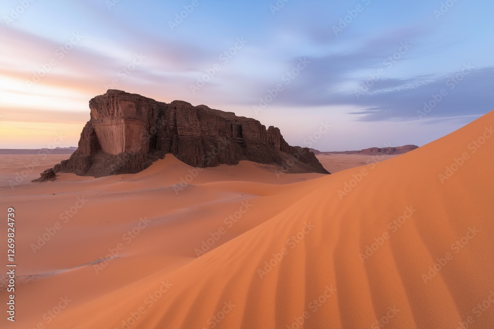 Naklejka premium A desert landscape with a large rock in the foreground and a sandy hill in the background. The sky is a mix of blue and orange, creating a serene and peaceful atmosphere