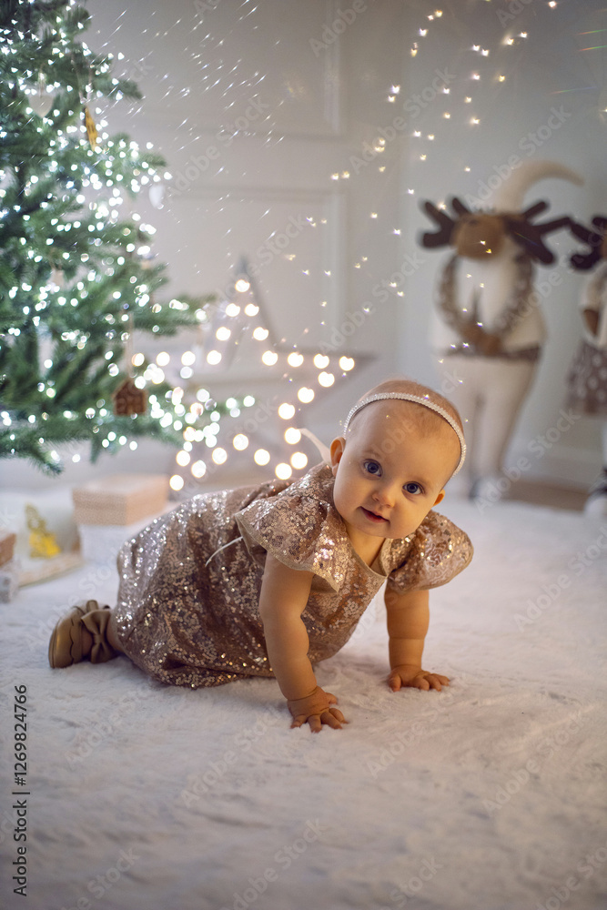One little girl in a shiny dress sits on a white carpet at the Christmas tree at home for 1 year.