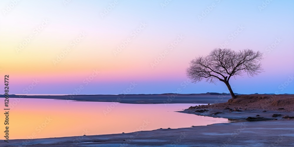 A tree stands alone on a beach at sunset. The sky is a mix of pink and purple hues, creating a serene and peaceful atmosphere. The water is calm, reflecting the beauty of the sky and the tree A tree stands alone on a beach at sunset. The sky is a mix of pink and purple hues, creating a serene and peaceful atmosphere. The water is calm, reflecting the beauty of the sky and the tree