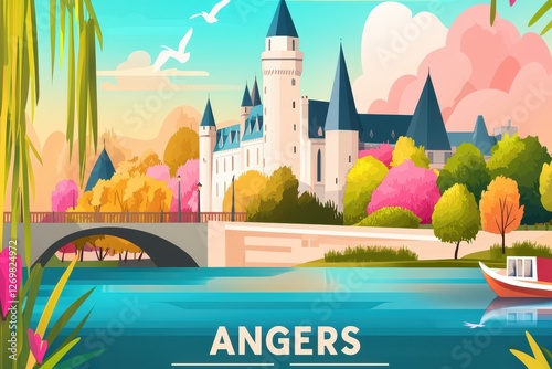 A charming pastel-toned illustration of Angers, showcasing Château d’Angers, medieval streets, and the Maine River, with 