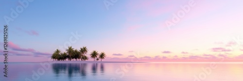 A beautiful island with palm trees and a calm ocean. The sky is a soft pink color, creating a peaceful and serene atmosphere