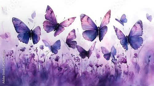 Dynamic motion of watercolor butterflies soaring above a calm purple nature scene