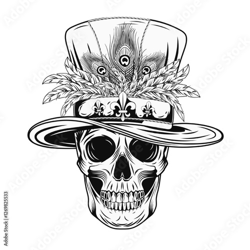 Human skull with tall cylinder hat with bunch of feathers. Mardi Gras themed black and white detailed illustration in vintage style.