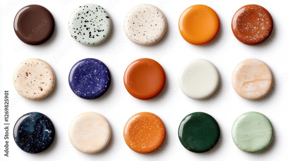 variety of round paint samples are neatly arranged in a grid, displaying different colors and textures useful for artistic and design projects. These samples are perfect for inspiration variety of round paint samples are neatly arranged in a grid, displaying different colors and textures useful for artistic and design projects. These samples are perfect for inspiration