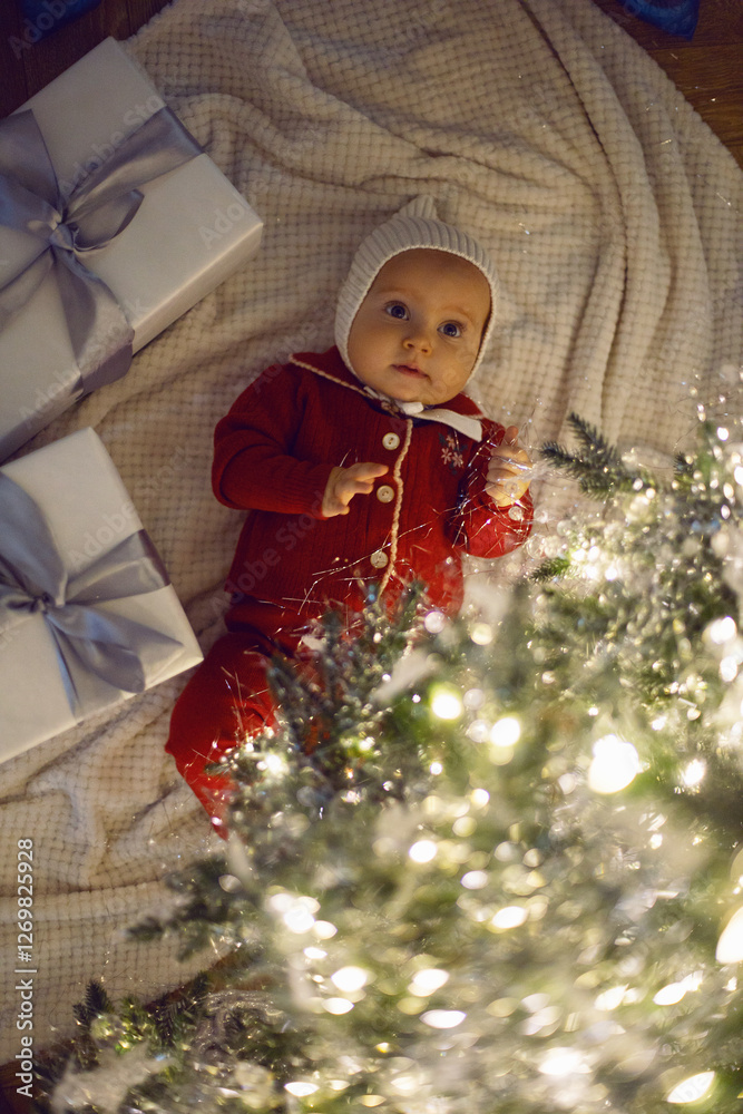 One little girl in a red suit sits on a white carpet at the Christmas tree at home for 1 year.