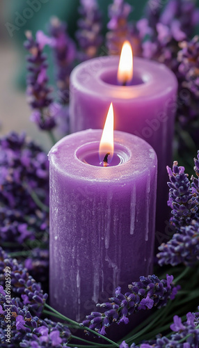 A photo of purple candles surrounded by lavender flowers, creating an atmosphere filled with the sweet aroma and calming effect of lavender for relaxation.
