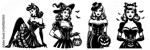 beauty pin-up girl illustration, adorable beautiful pinup woman model, comic book character, black shape silhouette decoration vector set