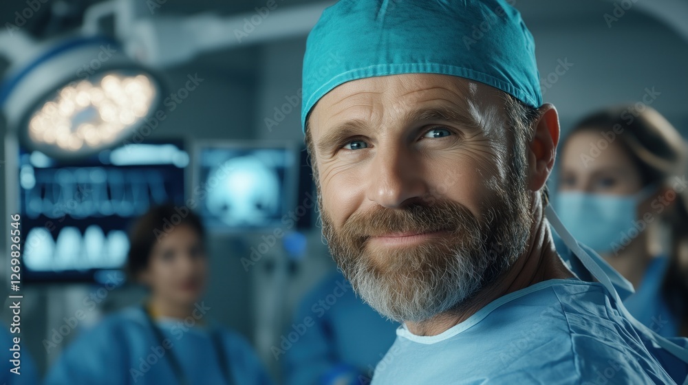 experienced surgeon wears a surgical cap and scrubs, smiling at the camera in a busy operating room. Medical staff are focused on their tasks while monitors display vital patient information experienced surgeon wears a surgical cap and scrubs, smiling at the camera in a busy operating room. Medical staff are focused on their tasks while monitors display vital patient information