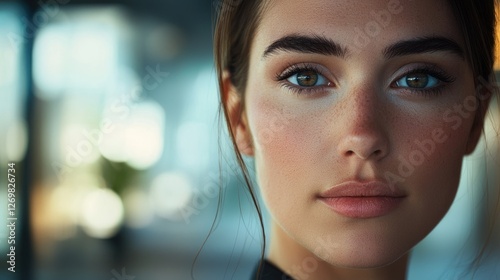 Close-up Portrait of a Young Woman with Freckles and Brown Hair