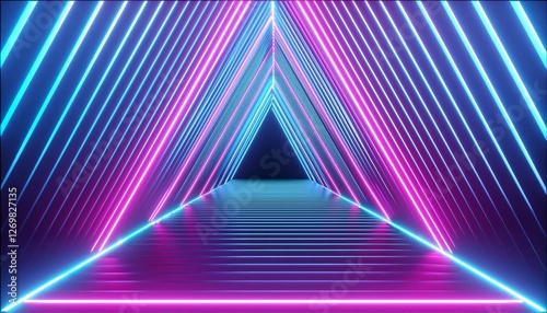 abstract flying in futuristic corridor with triangles background fluorescent ultraviolet light colorful laser neon lines geometric endless tunnel blue pink spectrum 3d illustration