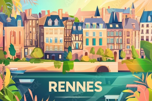 A picturesque pastel-toned illustration of Rennes, showcasing its medieval half-timbered houses, the Parlement de Bretagne, and lush green parks, with 