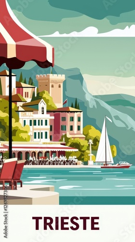 A refined pastel-toned illustration of Trieste, highlighting its grand squares, Adriatic coastline, and the stunning Miramare Castle, with 