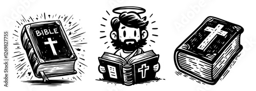 vector illustration of the Holy Bible and a saint reading, set of three black and white religious designs