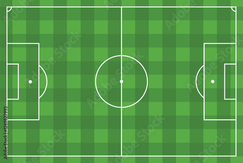 Soccer field with green grass, checker pattern, t top view, minimalistic football stadium 