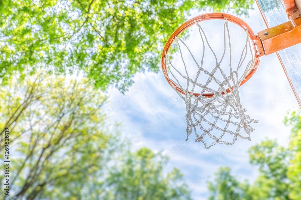 A close-up of an outdoor basketball hoop with a wet net, set against a clear blue sky with blurred trees in the background. . A close-up of an outdoor basketball hoop with a wet net, set against a clear blue sky with blurred trees in the background. .
