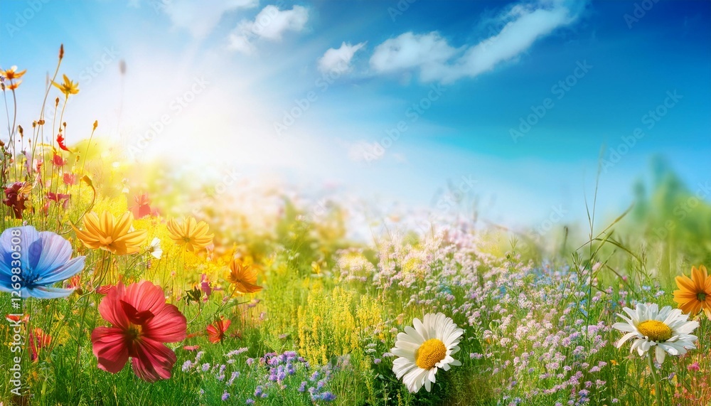 Obraz premium colorful wildflower meadow with blue sky and sunshine floral summer background banner with copy space