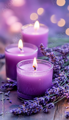 Purple candles surrounded by lavender flowers create an atmosphere filled with the sweet aroma and calming effect of lavender for relaxation.