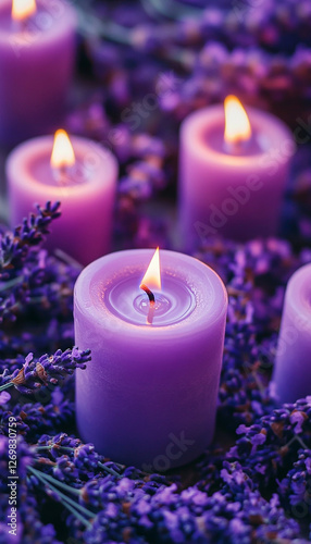 Purple candles surrounded by lavender flowers create an atmosphere filled with the sweet aroma and calming effect of lavender for relaxation.