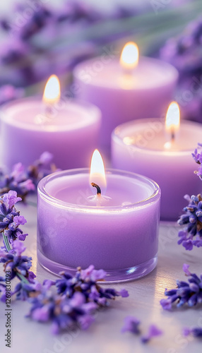 Purple candles surrounded by lavender flowers create an atmosphere filled with the sweet aroma and calming effect of lavender for relaxation.