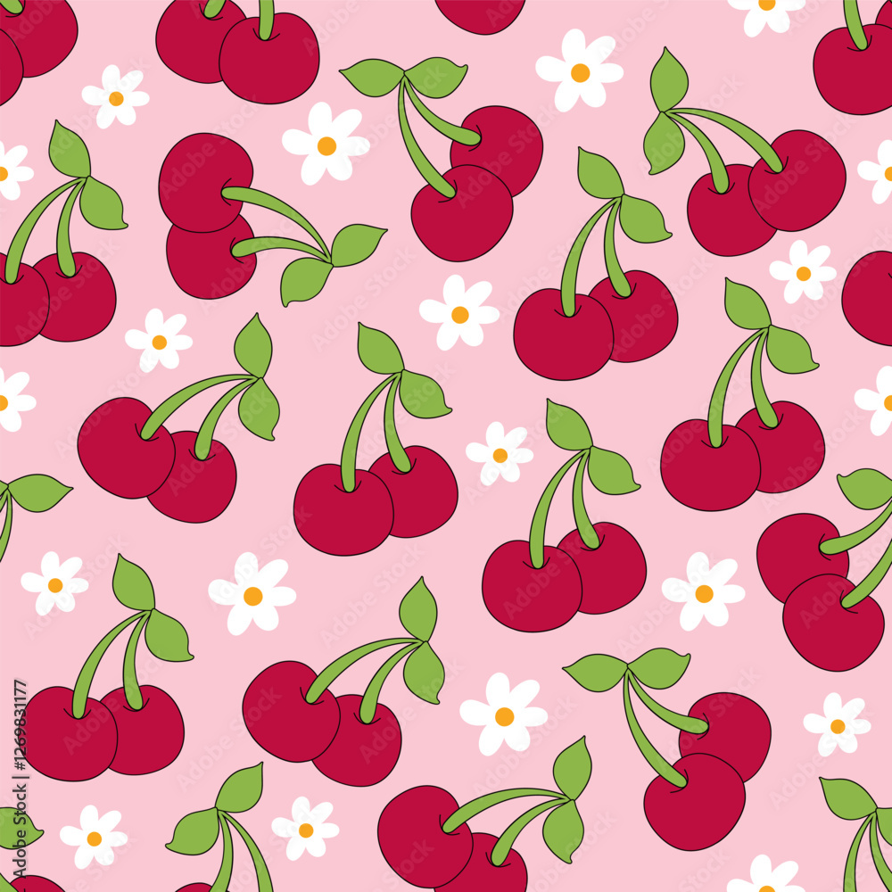 Seamless Cherry Pattern | Red Cherries with Green Leaves on White Background | Cute Kawaii Fruit Design for Fabric, Wrapping Paper, Gift Packaging, Scrapbooking, and Digital Prints Seamless Cherry Pattern | Red Cherries with Green Leaves on White Background | Cute Kawaii Fruit Design for Fabric, Wrapping Paper, Gift Packaging, Scrapbooking, and Digital Prints