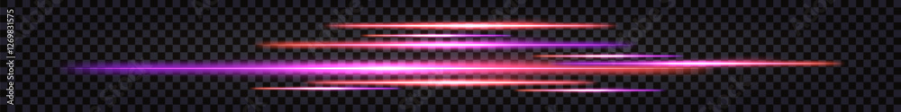 Neon glowing sticks, dynamic speed lines with light glow effecr, Synthwave purple and orange luminous beams, thunder bolt flash. Isolated transparent vector border on dark background