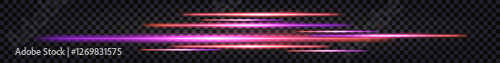 Neon glowing sticks, dynamic speed lines with light glow effecr, Synthwave purple and orange luminous beams, thunder bolt flash. Isolated transparent vector border on dark background