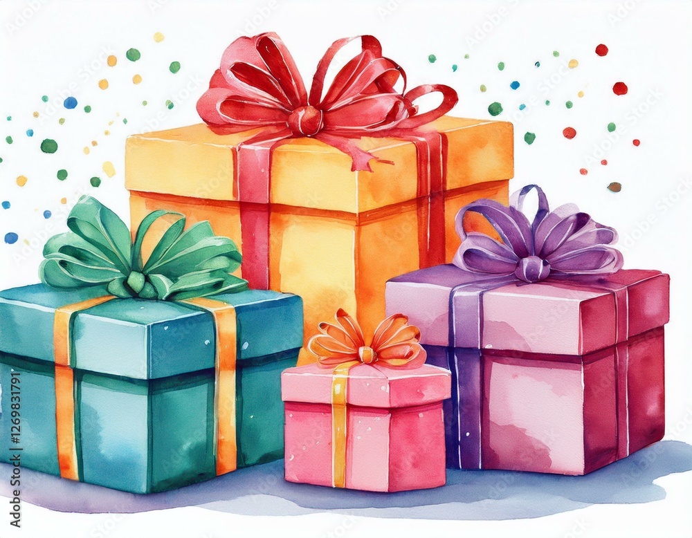 Fototapeta premium watercolor gift boxes composition four colorful presents isolated on white background gift present watercolor birthday