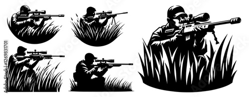 vector illustration of soldiers in sniper positions, set of four black and white designs