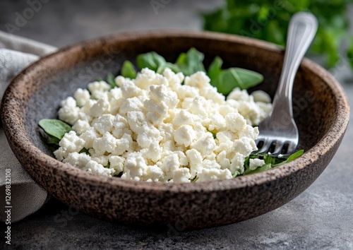 goat cheese crumbles sprinkled on a fresh green salad bowl with a fork at the side