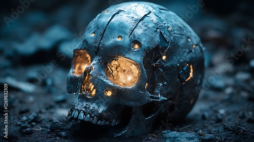 Mysterious sci fi artifact featuring an alien skull with cybernetic augmentations and eerie lighting photo