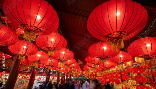 hanging red lanterns in a bustling chinese market