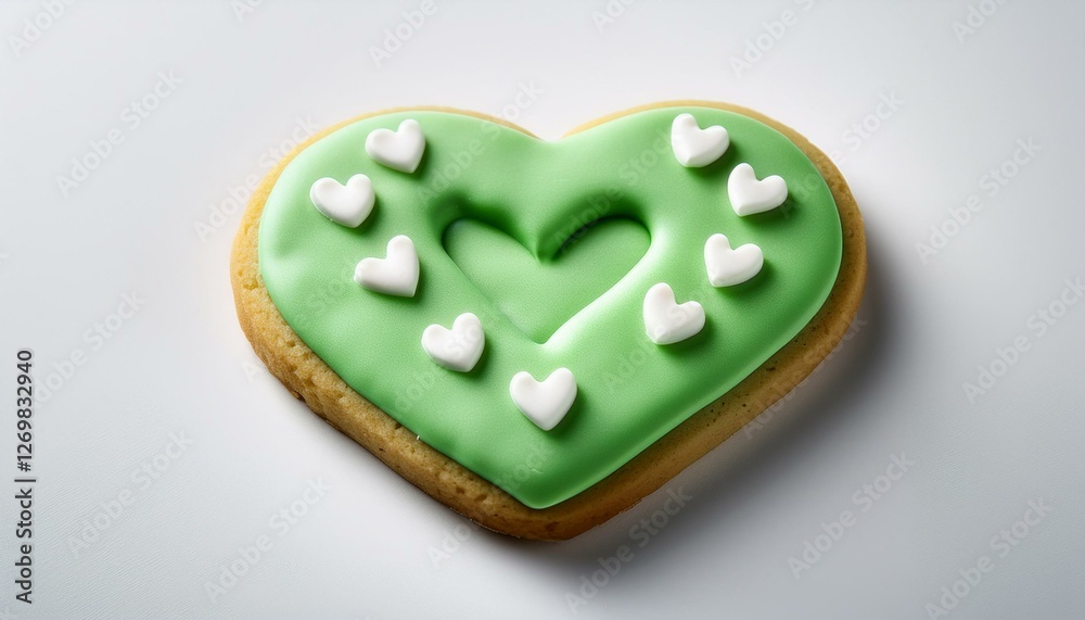 Obraz premium green frosted cookie with heart decoration on white background