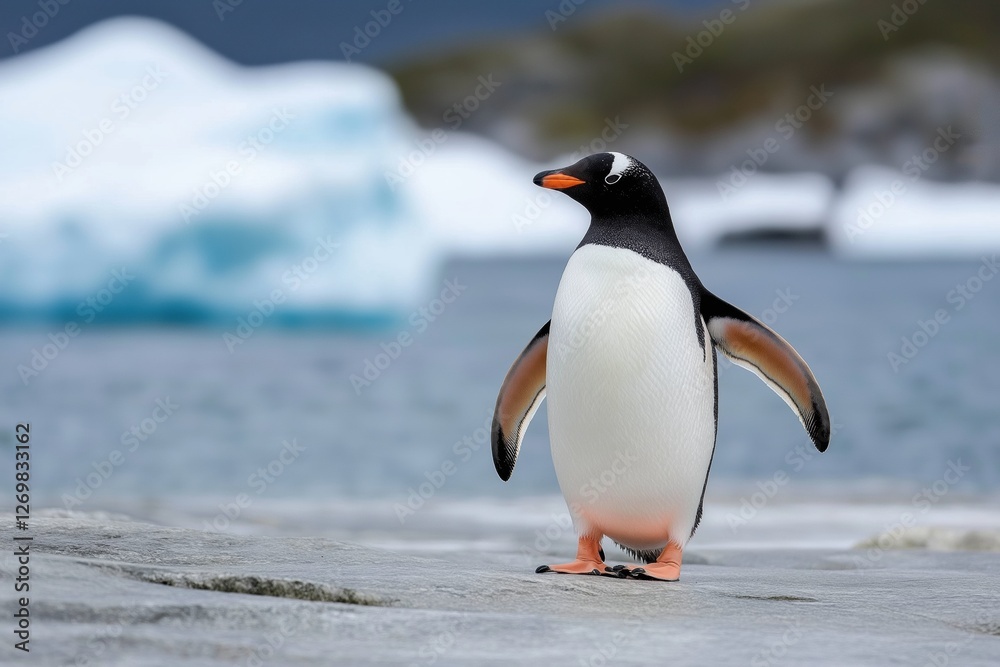 Obraz premium A penguin stands on a rocky shoreline next to a large ice block. The scene is serene and peaceful, with the penguin looking out over the water