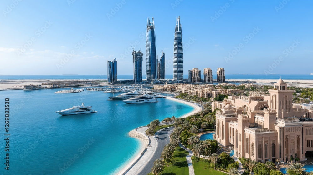 Obraz premium A vibrant daytime view of Abu Dhabi, the crystal-clear waters of the Arabian Gulf, a modern Middle Eastern atmosphere 