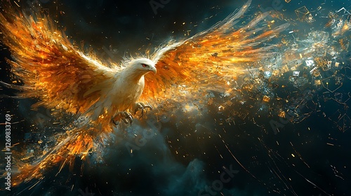 Majestic phoenix soaring above fragmented cyber structures symbolizing renewal and strength