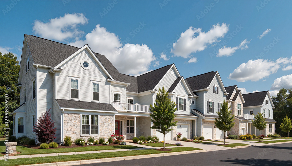 Charming suburban homes under a vibrant blue sky, community living
