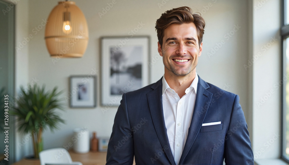 Confident real estate agent smiling in modern office, professionalism Confident real estate agent smiling in modern office, professionalism