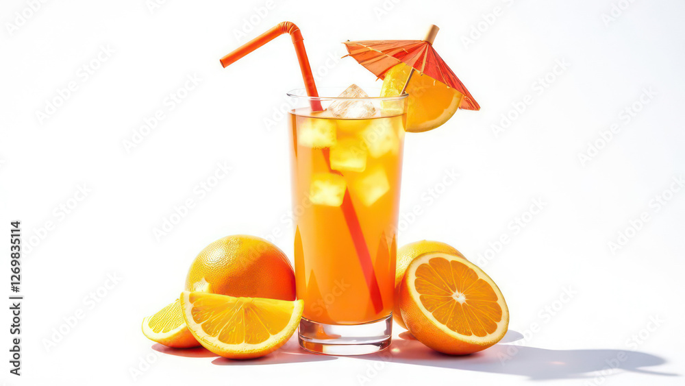 illustration of cool drink in glass with straw, umbrella, and ice cubes, surrounded by oranges, athmosphere summer time