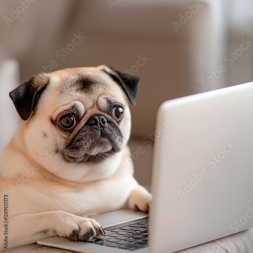 Grumpy pug sitting in front of laptop, frowning with irritated expression. Comical and relatable mood, perfect for illustrating frustration, sarcasm, or workplace humor.