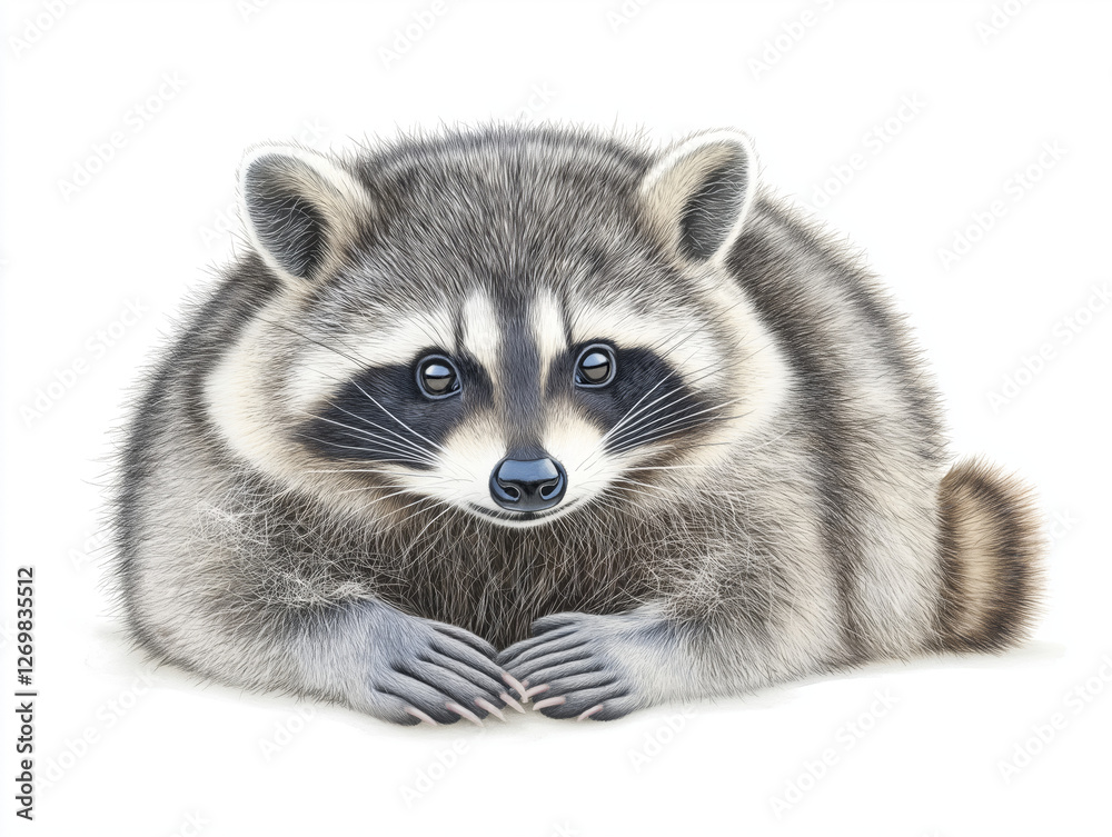 Fototapeta premium A charming raccoon rests peacefully, its dark eyes and fluffy fur captivating.