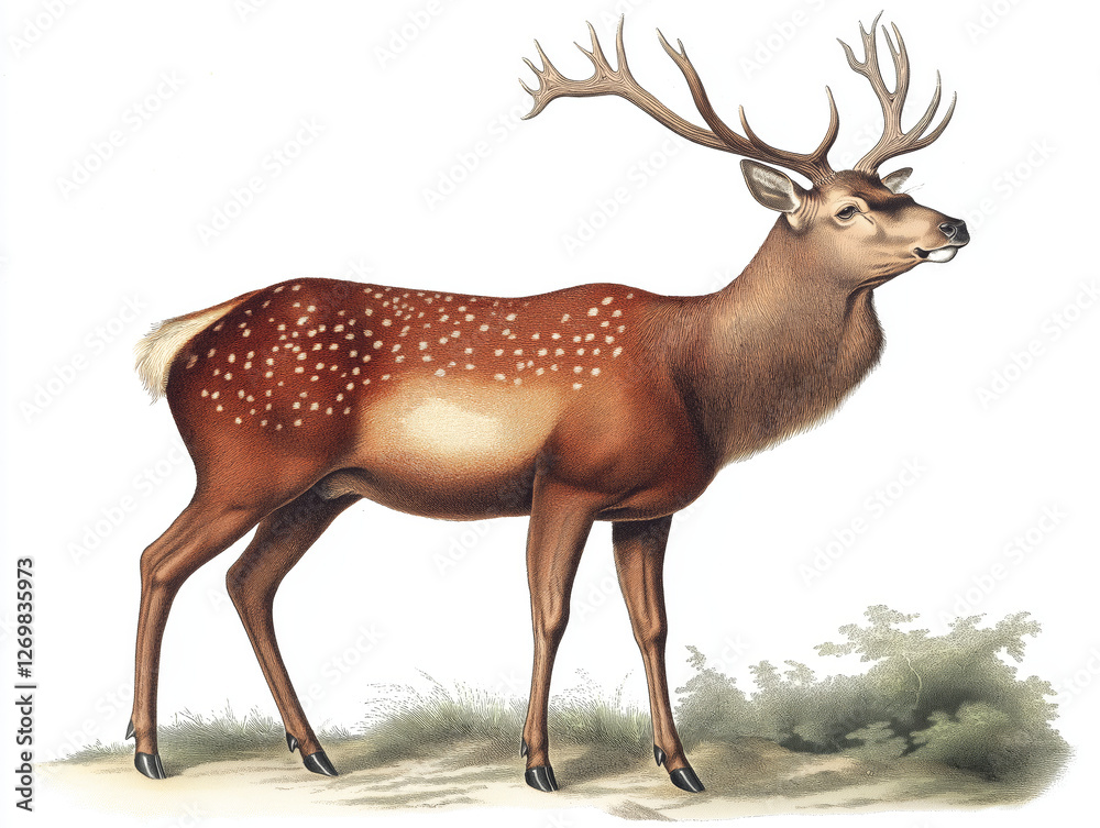 Fototapeta premium A majestic deer, showcasing its spotted coat and impressive antlers, stands in a natural setting.